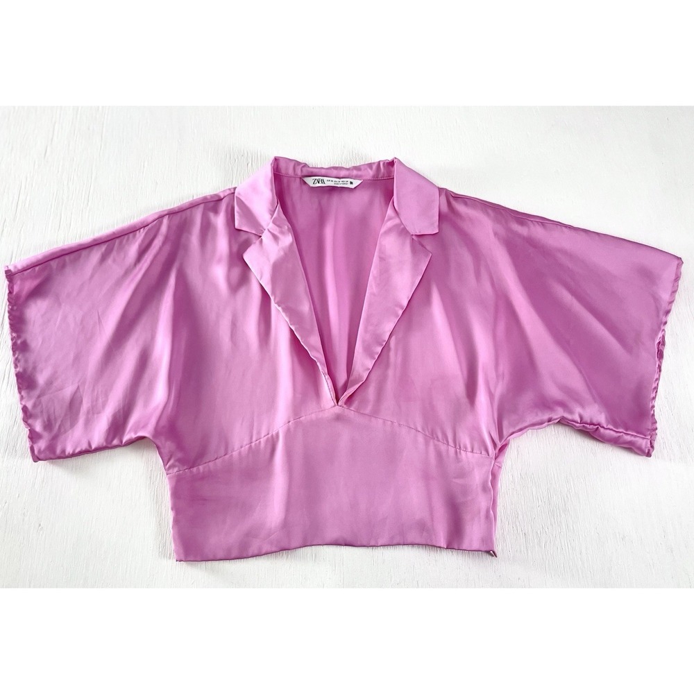 Zara Pink Cropped Blouse‎ Top Woman's Size XS V Neck Party Shirt Satin Effect